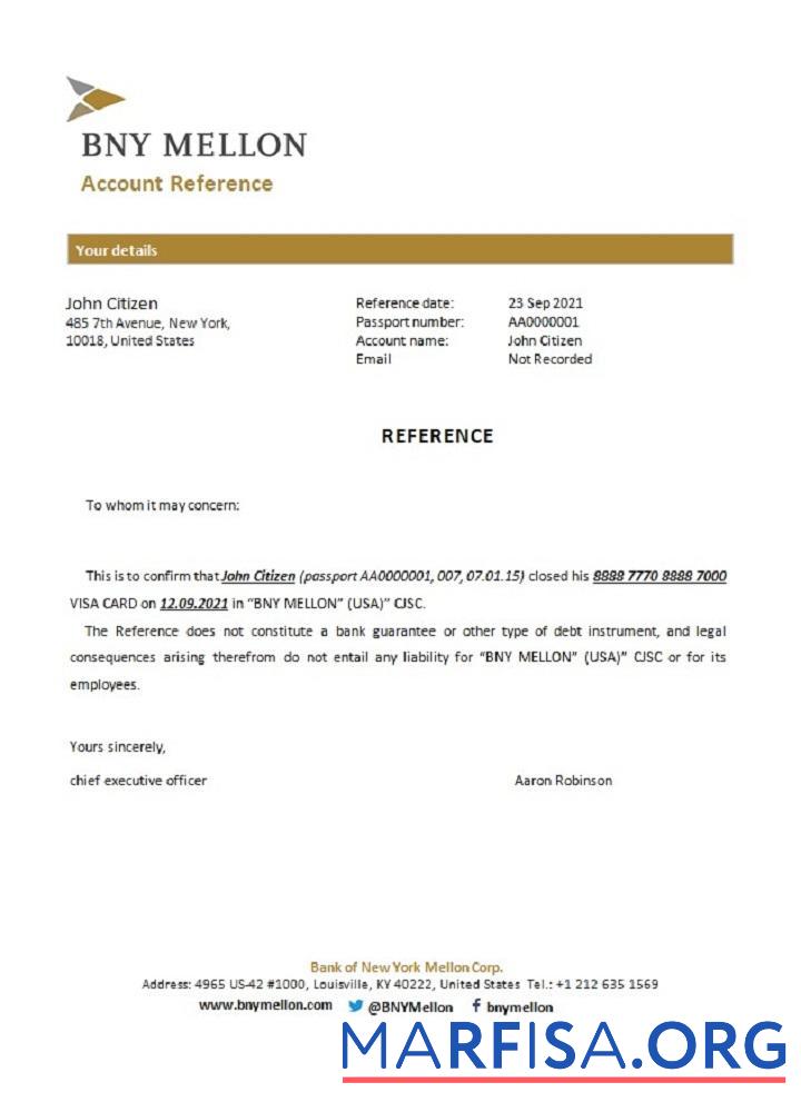 Downloadable USA BNY Mellon closure reference real example